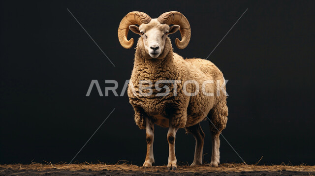 قربان عيد الأضحى المبارك، كبش ذو قرون كبيرة واقف على أطرافه الأربعة, لقطة للجسم الكامل بخلفية سوداء, تربية الخرفان والأغنام والاعتناء بها, مزارع الماشية في المملكة