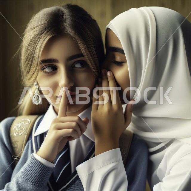 المحادثة بصوت منخفض، الهمس والهدوء أثناء الكلام في المدرسة، صورة مقربة لتلميذة عربية خليجية سعودية ترتدي الزي المدرسي تهمس في أذن صديقتها، المدارس التعليمية في المملكة العربية السعودية، كتمان وحفظ الأسرار، النميمة والتحدث عن شخص ما