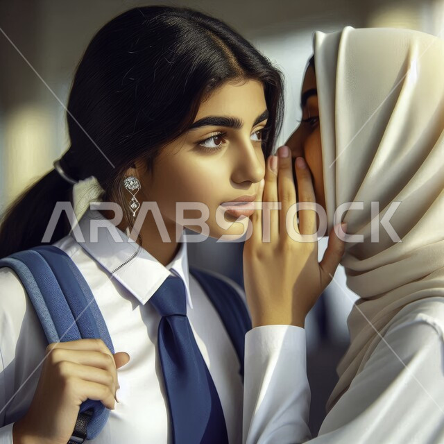 المحادثة بصوت منخفض، الهمس والهدوء أثناء الكلام في المدرسة، صورة مقربة لتلميذة عربية خليجية سعودية ترتدي الزي المدرسي تهمس في أذن صديقتها، المدارس التعليمية في المملكة العربية السعودية، كتمان وحفظ الأسرار، النميمة والتحدث عن شخص ما