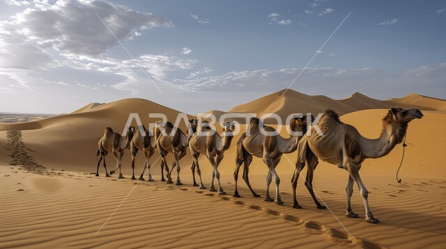 قوافل الإبل في الصحراء, مجموعة من الجمال تسير في الصحراء على الرمال الذهبية الناعمة، المناطق الطبيعية الصحراوية، تربية حيوان الجمل و الإبل ضمن المحميات الطبيعية في المملكة العربية السعودية