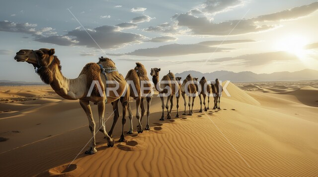  مجموعة من الجمال تسير في الصحراء على الرمال الذهبية الناعمة، المناطق الطبيعية الصحراوية، تربية حيوان الجمل و الإبل ضمن المحميات الطبيعية في المملكة العربية السعودية, قوافل الإبل في الصحراء