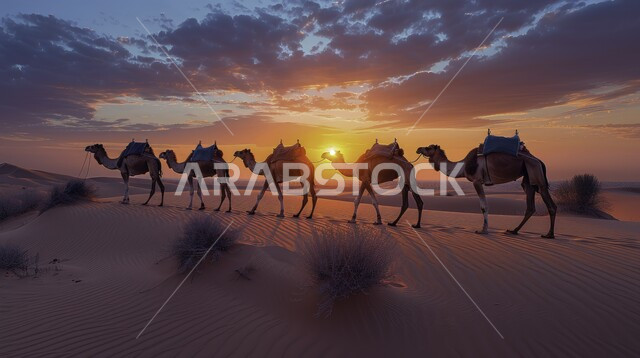 تربية الجمال والنوق العربيه الاصيله، التنقل في البراري باستخدام الحيوانات, قوافل الجمال في الصحراء الكبيرة مع خلفية غروب الشمس, نباتات صحرواية جافة