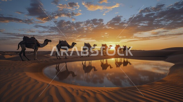 مشهد انعكاس قافلة الإبل على مياه البحيرة في وقت الغروب, مجموعة من النوق تسير في الصحراء على الرمال الناعمة, تربية الجمال والإبل والمواشي في المملكة, خلفية البيئة الصحراوية والسماء المليئة بالغيوم