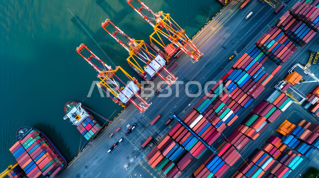 Transporting and receiving storage containers through the maritime economy, importing and exporting goods in Saudi Arabia through the use of modern advanced means, trading and selling local goods and products via ships at sea, port for shipping goods and commercial containers.