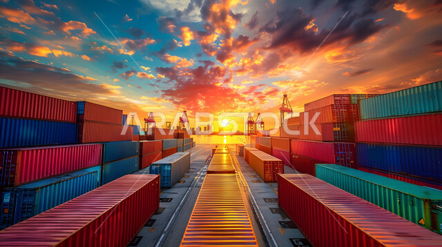 تعبئة وشحن الحاويات والبضائع التجارية وكوتينزات التخزين، مرفأ تجاري لتوصيل السلع والمنتجات المحلية عبر السفن في البحار، ميناء لنقل البضائع في المملكة العربية السعودية، التجارة والصناعة والاقتصاد البحري