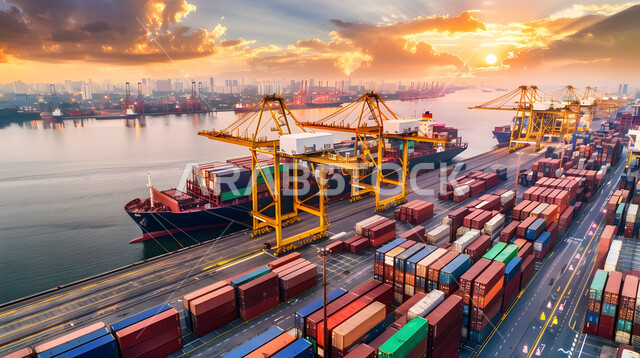 شحن وتعبئة الحاويات والبضائع التجارية وكوتينزات التخزين، مرفأ تجاري لتوصيل السلع والمنتجات المحلية عبر السفن في البحار، ميناء لنقل البضائع في المملكة العربية السعودية، التجارة والصناعة والاقتصاد البحري