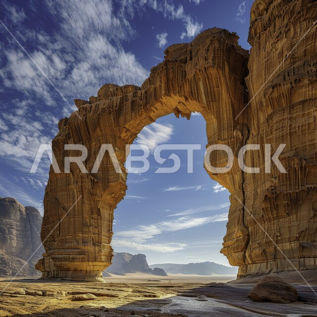 Tourism in desert nature, ancient historical monuments, nobility, authenticity and Saudi heritage, archaeological stone formations and formations, tourist archaeological site in the Kingdom of Saudi Arabia, soft golden sand in the Gulf deserts