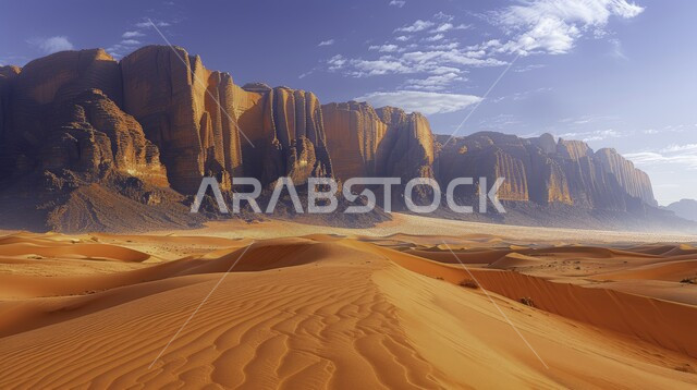 Ancient tourist attractions in the desert nature, nobility, authenticity and Saudi heritage, archaeological stone formations and formations, a tourist archaeological site in the Kingdom of Saudi Arabia, soft golden sand in the Gulf deserts