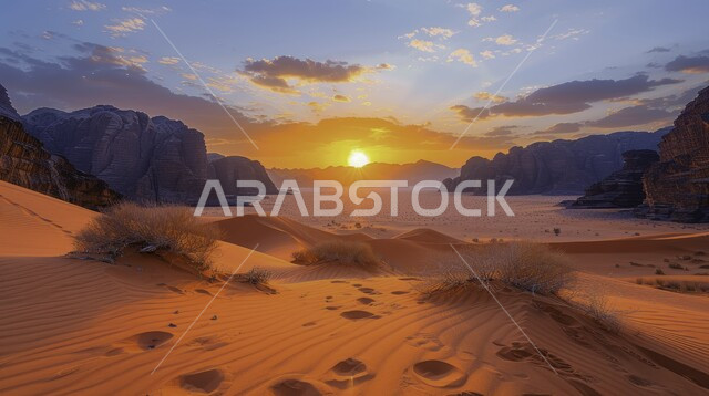 الطبيعة الصحراوية ذات الكثبان الرملية الناعمة, العراقة والأصالة والتراث السعودي, خلفية السماء والشمس تتوسطها والغيوم من حولها, التكوينات والتشكيلات الحجرية الأثرية