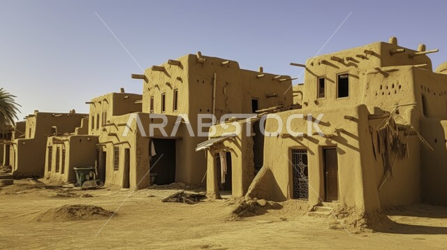 Old mud buildings in the Kingdom of Saudi Arabia, ancient historical and archaeological landmarks, ancient folk houses, historical villages and cities, old-style houses.