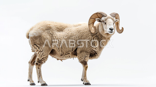 A white ram standing upright with two large horns on a white background, an offering for Eid al-Adha, raising livestock and sheep on the Kingdom’s farms, the prosperity of Saudi livestock