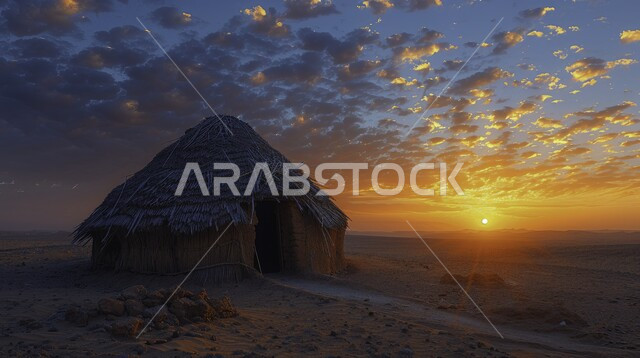  جمال المناظر الطبيعية الصحراوية مع مشهد شروق الشمس، أجواء الهادئة وأماكن تخييم، رحلة تخييم برية في الصحراء، مخيمات سياحية في الصحراء، كشتة بر، مفهوم البادية، خيام شعبية في صحاري السعودية