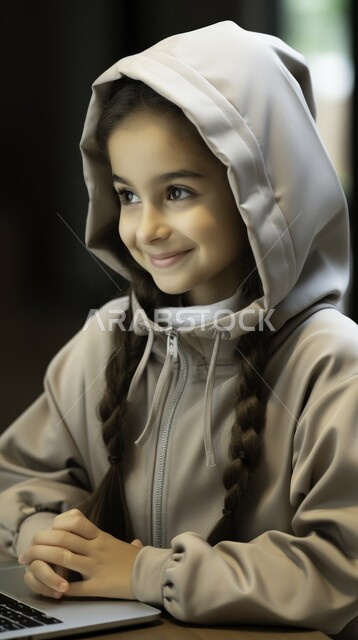 مدارس المملكة المتقدمة, طالبة عربية خليجية سعودية في الحصة الدراسية، المشاركة الفعالة للطلاب، أهداف التربية والتعليم، التفاعل والمشاركة داخل الفصل الدراسي، ايماءات وجه تدل على السعادة، التعليم المتطور والفعال في السعودية