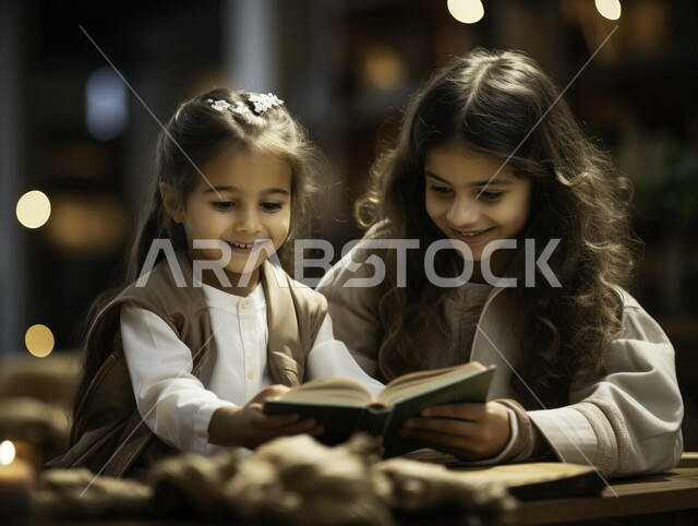مشاعر الحب بين الاخوات، مفهوم الاجتهاد والتفوق، صورة مقربة لطالبتان عربيتان سعوديتان خليجيتان مبتسمتان ترتديان حقيبة الظهر تقرآن الكتاب بإيماءات الفرح والسرور، المدارس التعليمية في المملكة العربية السعودية