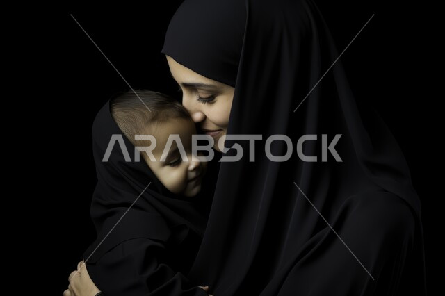قضاء وقت ممتع مع الأبناء، تحمل المسؤولية والعناية بالأطفال، مفهوم حنان الأمهات، بورتريه مقرب لأم عربية خليجية سعودية محجبة مبتسمة تحمل طفلها الرضيع تنظر اليه تحضنه بعطف وحب، مشاعر الأمومة والطفولة، خلفية سوداء
