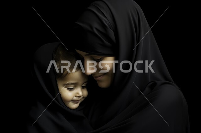 قضاء وقت ممتع مع الأبناء، تحمل المسؤولية والعناية بالأطفال، مفهوم حنان الأمهات، بورتريه مقرب لأم عربية خليجية سعودية محجبة مبتسمة تحمل طفلها الرضيع تنظر اليه تحضنه بعطف وحب، مشاعر الأمومة والطفولة، خلفية سوداء