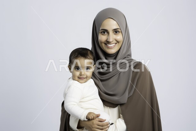 تحمل المسؤولية والعناية بالأطفال، قضاء وقت ممتع مع الأبناء، مفهوم حنان الأمهات، بورتريه مقرب لأم عربية خليجية سعودية محجبة مبتسمة تحمل طفلها الرضيع تنظر الى الكاميرا  تحضنه بعطف وحب، مشاعر الأمومة والطفولة، خلفية بيضاء