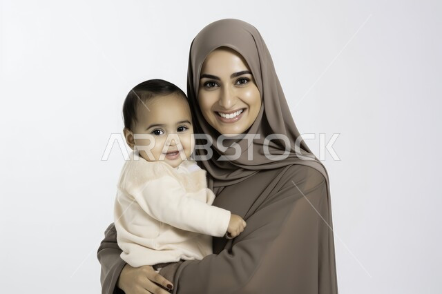 تحمل المسؤولية والعناية بالأطفال، قضاء وقت ممتع مع الأبناء، مفهوم حنان الأمهات، بورتريه مقرب لأم عربية خليجية سعودية محجبة مبتسمة تحمل طفلها الرضيع تنظر الى الكاميرا  تحضنه بعطف وحب، مشاعر الأمومة والطفولة، خلفية بيضاء