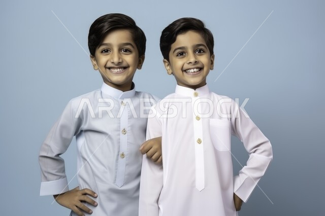 الاهتمام بالأناقة والمظهر الخارجي، مشاعر الحب بين الاخوة, بورتريه مقرب لصديقين عربيين خليجين سعوديين مبتسميين يرتديان الزي التقليدي ينظران الى الكاميرا بإيماءات السرور، التقاط الصور الشخصية، خلفية زرقاء