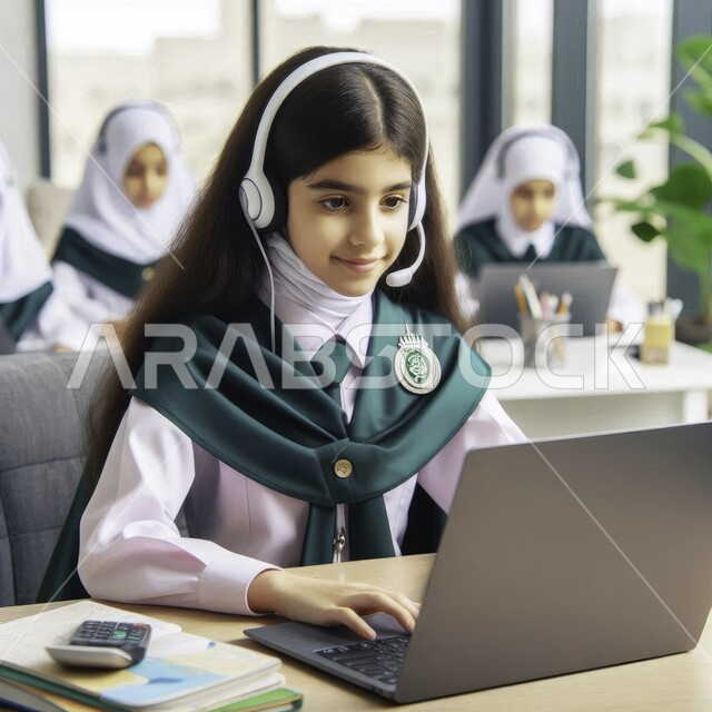 جودة التعليم في المملكة العربية السعودية، إستخدام اجهزة تقنية حديثة، صورة مقربة لفتاة عربية خليجية سعودية ترتدي سماعات الرأس تستخدم جهاز اللابتوب بإيماءت التركيز والاندماج, دمج العلم بالتكنولوجيا, مفهوم التفوق والاجتهاد
