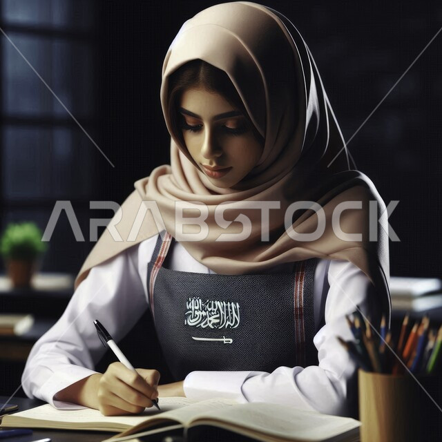 مفهوم التحضير للاختبارات النهائية، الحرص على التفوق والنجاح، صورة مقربة لطالبة عربية خليجية سعودية محجبة تقوم بحل الواجبات المدرسية بإيماءات التركيز والاندماج، جودة المدارس والتعليم في المملكة