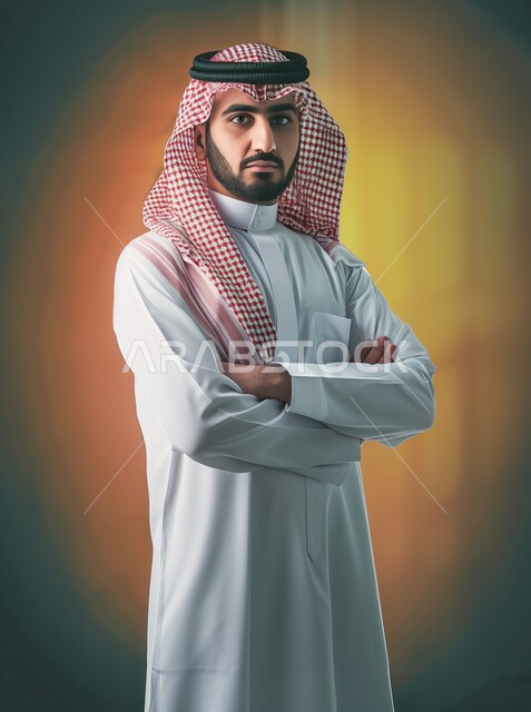 الثقة بالنفس والنظر بتركيز إلى الكاميرا, رجل عربي خليجي سعودي يرتدي الثوب التقليدي الأبيض والشماغ السعودي, حركة اليدين بشكل متقاطع تشير إلى الاعتزاز والفخر, الأناقة والاهتمام بالمظهر الخارجي