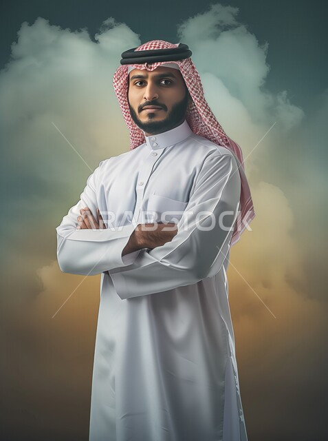 Paying attention to external appearance and tidiness, a Saudi Gulf Arab young man wearing the traditional white thobe and the Saudi shemagh, looking at the camera with gestures of self-confidence, crossing the hands indicating pride and nobility, colorful background