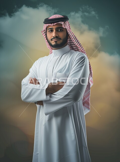 A feeling of self-pride, a young Saudi Gulf Arab man wearing the traditional thobe and the Saudi shemagh and looking at the camera with serious gestures. The movement of the hands in a crossed manner indicates self-confidence, elegance and interest in external appearance.
