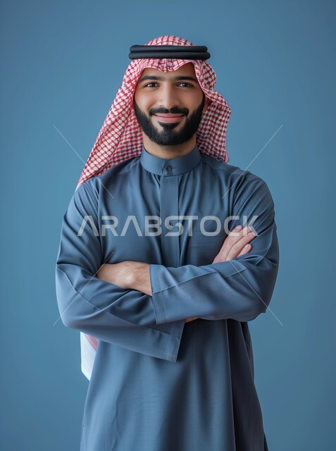 الابتسام والتفاؤل وحب الحياة, بورتريه لشاب عربي خليجي سعودي أنيق يرتدي الثوب التقليدي والشماغ السعودي, الوقوف بيدين متقاطعتين والنظر إلى الكاميرا بإيماءات السعادة والفرح, الأناقة والاهتمام بالمظهر الخارجي, خلفية زرقاء