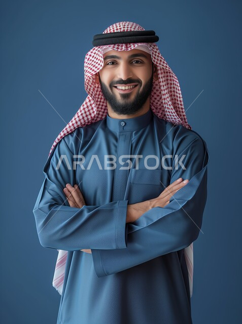 الأناقة والاهتمام بالمظهر الخارجي, بورتريه لشاب عربي خليجي سعودي أنيق يرتدي الثوب التقليدي والشماغ السعودي, الوقوف بيدين متقاطعتين والنظر إلى الكاميرا بإيماءات السعادة والفرح, الابتسام والتفاؤل وحب الحياة, خلفية زرقاء