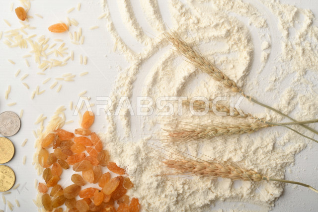 مجموعة من الأرز والزبيب والقمح والطحين والعملات المعدنية على خلفية بيضاء