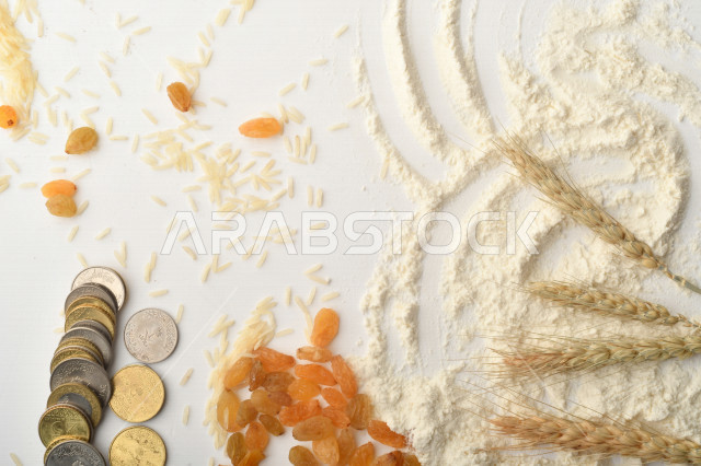 مجموعة من الأرز والزبيب والقمح والطحين والعملات المعدنية على خلفية بيضاء