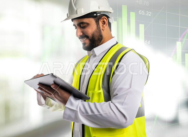 دراسة أساسيات المشروع عبر تطبيقات الجهاز اللوحي، التكنولوجيا والمجالات الهندسية, صورة مقربة لمهندس عربي خليجي سعودي مبتسم يرتدي الخوذة وسترة الحماية يعمل على التابلت، مؤشرات ومخططات بيانية حول متابعة المشاريع الإنشائية