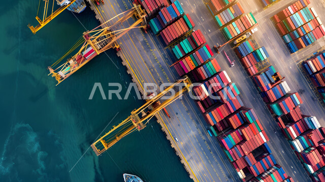 A vertical overhead picture of a station for filling and shipping containers and commercial goods, a port for transporting goods in the Kingdom of Saudi Arabia, a commercial port for delivering local goods and products via ships at sea, industry, trade and maritime economy