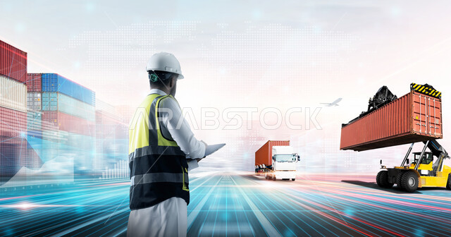 تتبع عملية وصول البضائع عبر الاجهزة التقنية، الاستيراد والتصدير حول العالم، الاشراف على شحن الحاويات التجاريه والكونتينرات، مفهوم النقل البري عبر الشاحنات، مهندس عربي خليجي سعودي يرتدي السترة وخوذة الحماية يحمل بيده جهاز التابلت