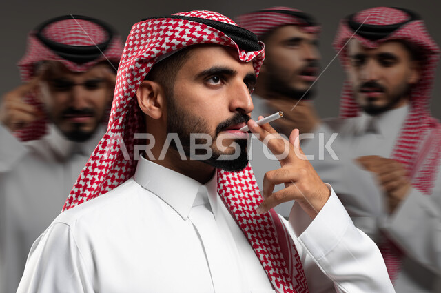 أضرار التدخين على الجسد, تشوهات جسديه نتيجة تعاطي مواد سامة، حروق ومشاكل مضره بالصحه, عادات سلوكية ضارة، ضرورة مكافحة التدخين، صورة مقربة لرجل عربي سعودي خليجي يرتدي الشماغ والثوب التقليدي يقوم بتدخين السجائر، الادمان على التبغ و السجائر