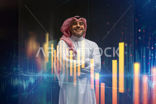 تطوير الشركات والمشاريع الاقتصادية، رجل أعمال عربي خليجي سعودي يرتدي الشماغ والثوب التقليدي يقف بايدي متقاطعة بتعابير الثقة، متابعة الأسهم والإستثمار المالي, رؤيه مستقبلية 2030، خلفية رسوم بيانية إحصائية للبورصة المالية بتقنية الهولوجرام ثلاثية الأبعاد