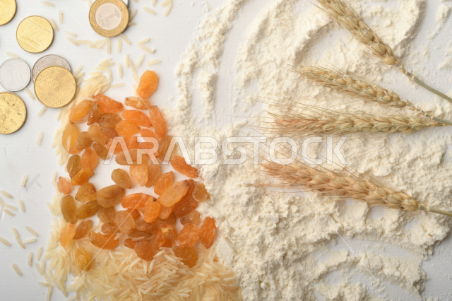مجموعة من الأرز والزبيب والقمح والطحين والعملات المعدنية على خلفية بيضاء