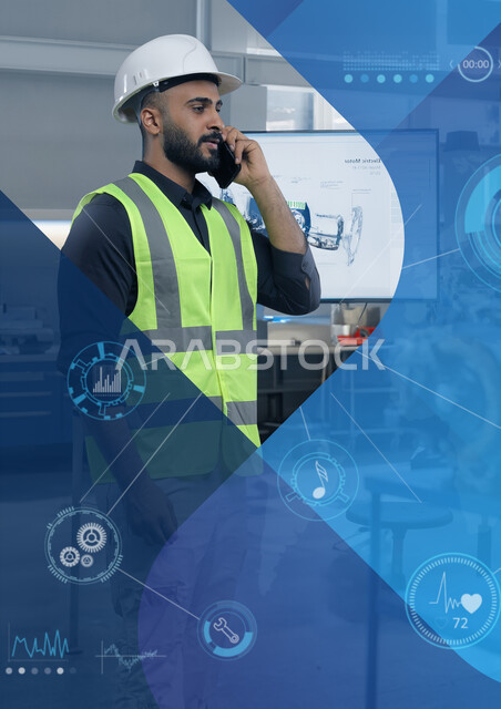 Efficiency in production and achieving the industrial revolution, modern technical development and transformation, a Saudi Arabian Gulf engineer wearing a helmet and a protective vest making a phone call using a phone inside the laboratory, inspection and supervision of manufacturing, holographic icons background