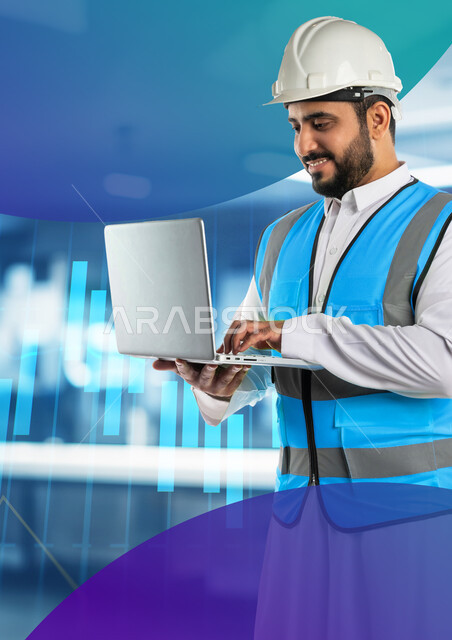 Modern technical and technological transformation, adoption of automation and artificial intelligence in engineering, development in production and manufacturing and achieving the industrial revolution, smiling Saudi Arabian Gulf engineer wearing a protective vest and helmet using a laptop, graphic lines background