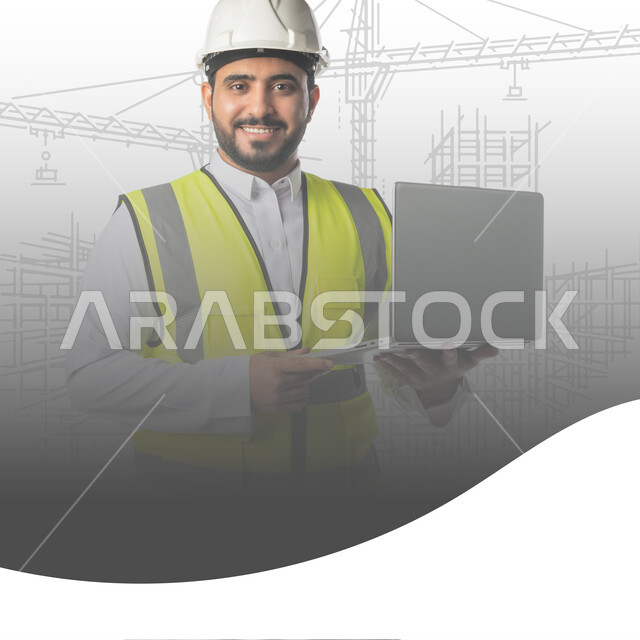 النظر الى الكاميرا بتعابير السرور، متابعة المشاريع الإنشائية, دراسة أساسيات المشروع عبر تطبيقات الحاسوب المحمول، التكنولوجيا والمجالات الهندسية, صورة مقربة لمهندس عربي خليجي سعودي مبتسم يرتدي الخوذة وسترة الحماية يعمل على جهاز اللابتوب، خلفية موقع البناء