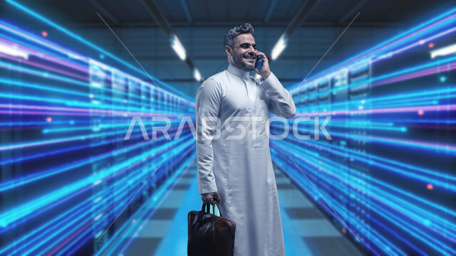 غرفة التحكم بالسيرفرات وخوادم الانترنت، شبكة تخزين البيانات، رجل أعمال عربي خليجي سعودي يرتدي الثوب التقليدي يحمل بيده حقيبة جلد يقوم باجراء مكالمة عبر الهاتف المحمول يقف في مركز الداتا سنتر، حظيرة الخوادم والبيانات وتخزينها، التطور الرقمي وتكنولوجيا المستقبل