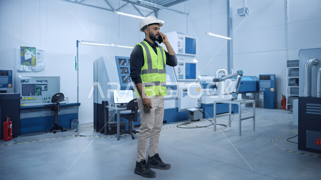 الكفاءة في الإنتاج وتحقيق الثورة الصناعية، مصانع سعودية متطورة معتمدة على الذكاء الاصطناعي، التطور والتحول التقني الحديث، مهندس عربي خليجي سعودي يرتدي الخوذة وسترة الحماية يقوم باجراء مكالمة هاتفية باستخدام الهاتف داخل المعمل، المعاينة والإشراف على التصنيع