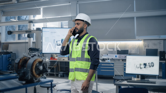 الكفاءة في الإنتاج وتحقيق الثورة الصناعية، مصانع سعودية متطورة معتمدة على الذكاء الاصطناعي، التطور والتحول التقني الحديث، مهندس عربي خليجي سعودي يرتدي الخوذة وسترة الحماية يقوم باجراء مكالمة هاتفية باستخدام الهاتف داخل المعمل، المعاينة والإشراف على التصنيع