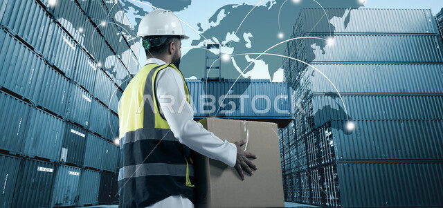 مفهوم الاستيراد والتصدير حول العالم، استلام طلبيات الشحن والبضائع التجارية، صورة من الخلف لمهندس عربي سعودي خليجي يرتدي السترة وخوذة الحماية يحمل بيده صندوق كرتون كبير، وصول المستوردات الى ميناء شحن البضائع و الحاويات التجارية