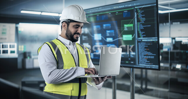 حماية البيانات والمعلومات الخاصة بالشركات، مهندس تقني عربي خليجي سعودي يرتدي السترة وخوذة الحماية يستخدم الجهاز المحمول بالعمل في لغة البرمجة، التكنولوجيا وتطوير الويب، نمو وبناء المواقع والتطبيقات الالكترونية