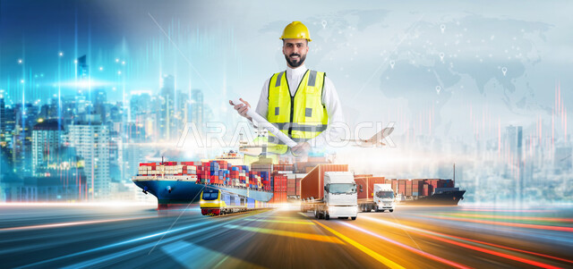 الاستيراد والتصدير حول العالم، الاشراف على شحن البضائع و الحاويات التجاريه والكونتينرات، مفهوم النقل البحري والبري والجوي، مهندس عربي خليجي سعودي مبتسم يرتدي السترة وخوذة الحماية يحمل بيده اوراق المشاريع، تعدد وسائل النقل والموصلات