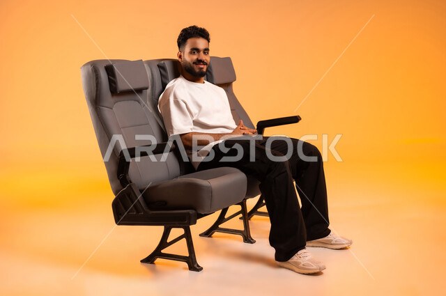 الشعور بالراحة والطمأنينة، مفهوم الاسترخاء والاستمتاع بالأجواء الهادئة، الاستعداد للسفر في إجازة صيفية، الجلوس في صالة المطار, بورتريه لرجل عربي خليجي سعودي يرتدي الزي الكاجوال يجلس على المقعد يضع وسادة النوم , أهمية السياحة في السعودية، خلفية برتقالية