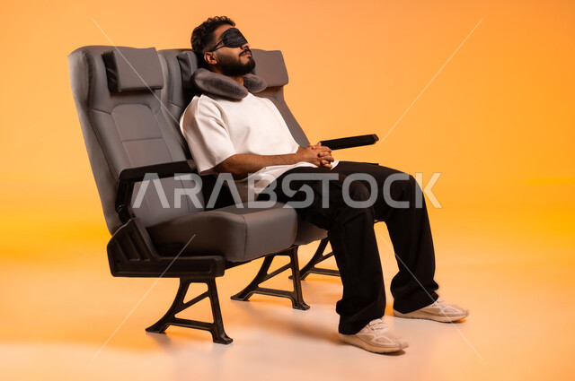 الاستعداد للسفر في إجازة صيفية، أهمية السياحة في السعودية، مفهوم الاسترخاء والاستمتاع بالأجواء الهادئة، الشعور بالراحة والطمأنينة، الجلوس في صالة المطار, بورتريه لرجل عربي خليجي سعودي يرتدي الزي الكاجوال يجلس على المقعد يضع وسادة النوم, خلفية برتقالية