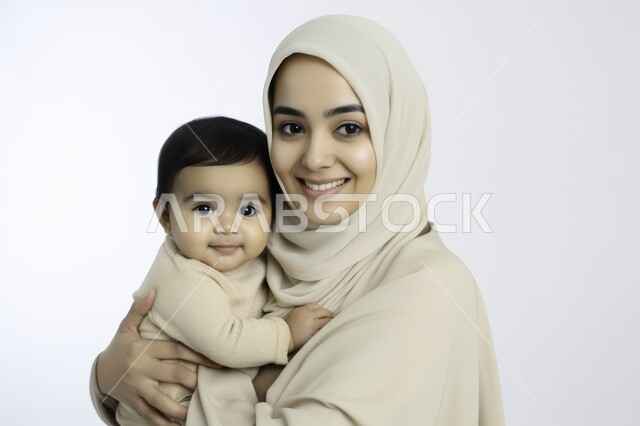 مشاعر الأمومة والطفولة، قضاء وقت ممتع مع الأبناء، تحمل المسؤولية والعناية بالأطفال، مفهوم حنان الأمهات، بورتريه مقرب لأم عربية خليجية سعودية محجبة مبتسمة تحمل طفلتها الرضيعة تحضنها بعطف